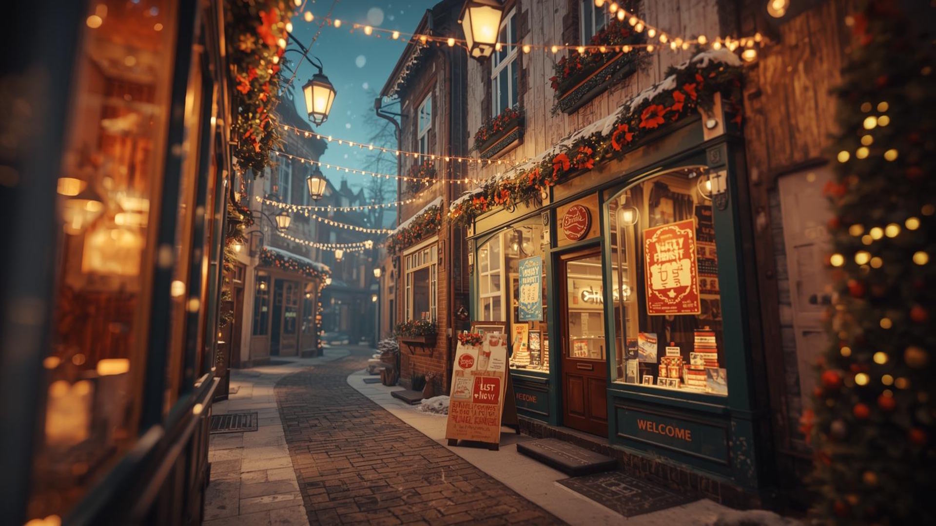 Rue commerçante de village illuminée en soirée
